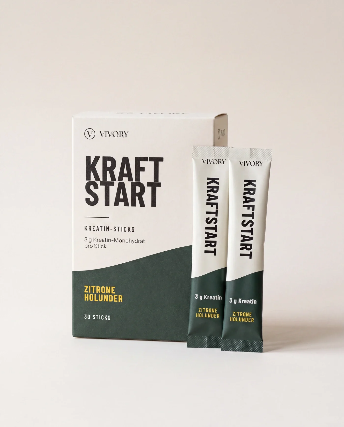 Konzeptvisualisierung: Verpackung von VIVORY Kraftstart mit zwei einzeln portionierten Kreatin-Sticks daneben