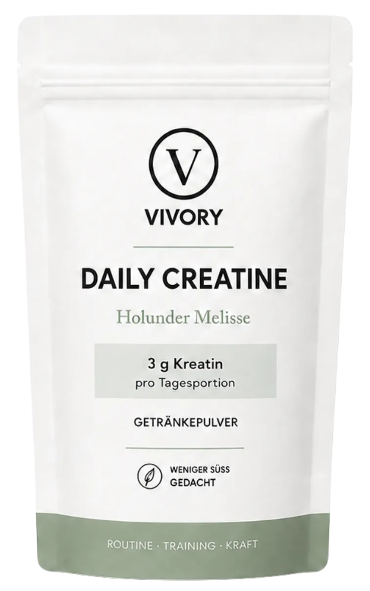 Konzeptvisualisierung von Vivory Daily Creatine als Getränkepulverbeutel