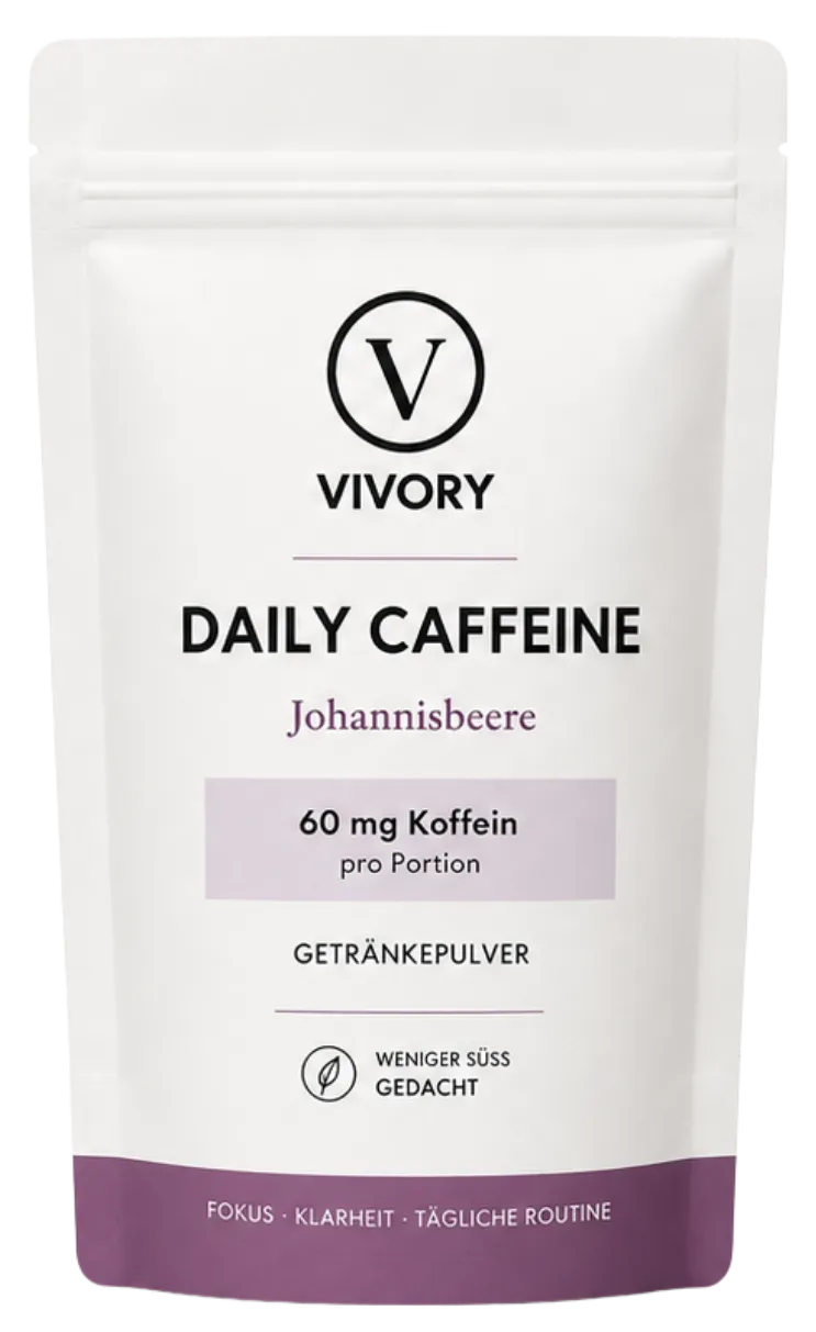 Konzeptvisualisierung von Vivory Daily Caffeine als Getränkepulverbeutel